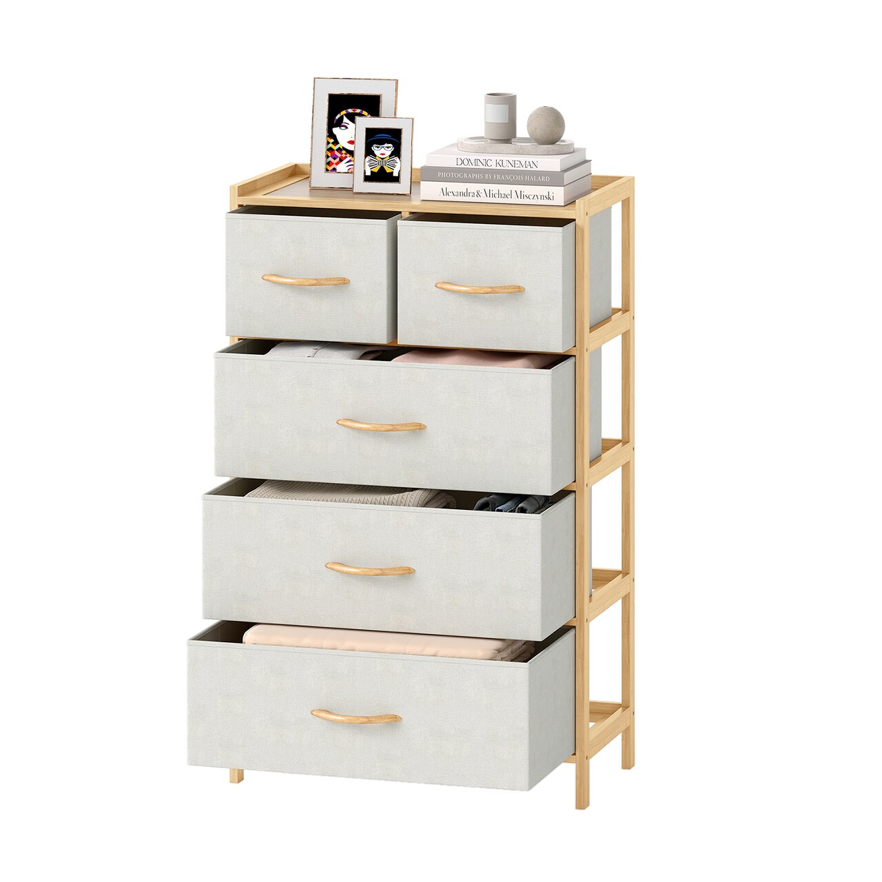 Natural-White 5-Drawer Storage Dresser Extra Top Shelf for Bedroom Organization